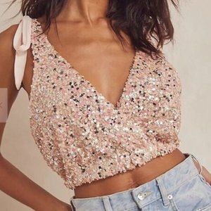 Free People Intimately Big Night Sequin Crop Top Champagne Rose - Barbie Vibes!